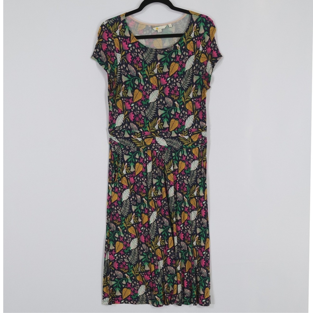 Boden Botanical Bird Print Jersey Dress Womens 8R Navy Blue Floral Pockets Mod